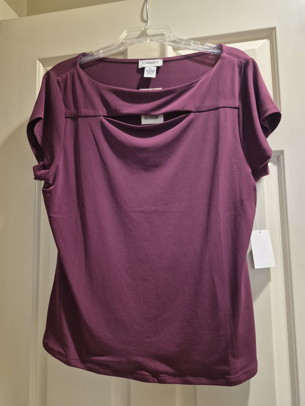 MWT-Carmen Marc Valvo Plum Short Sleeve Drape-Detail Top, Large,